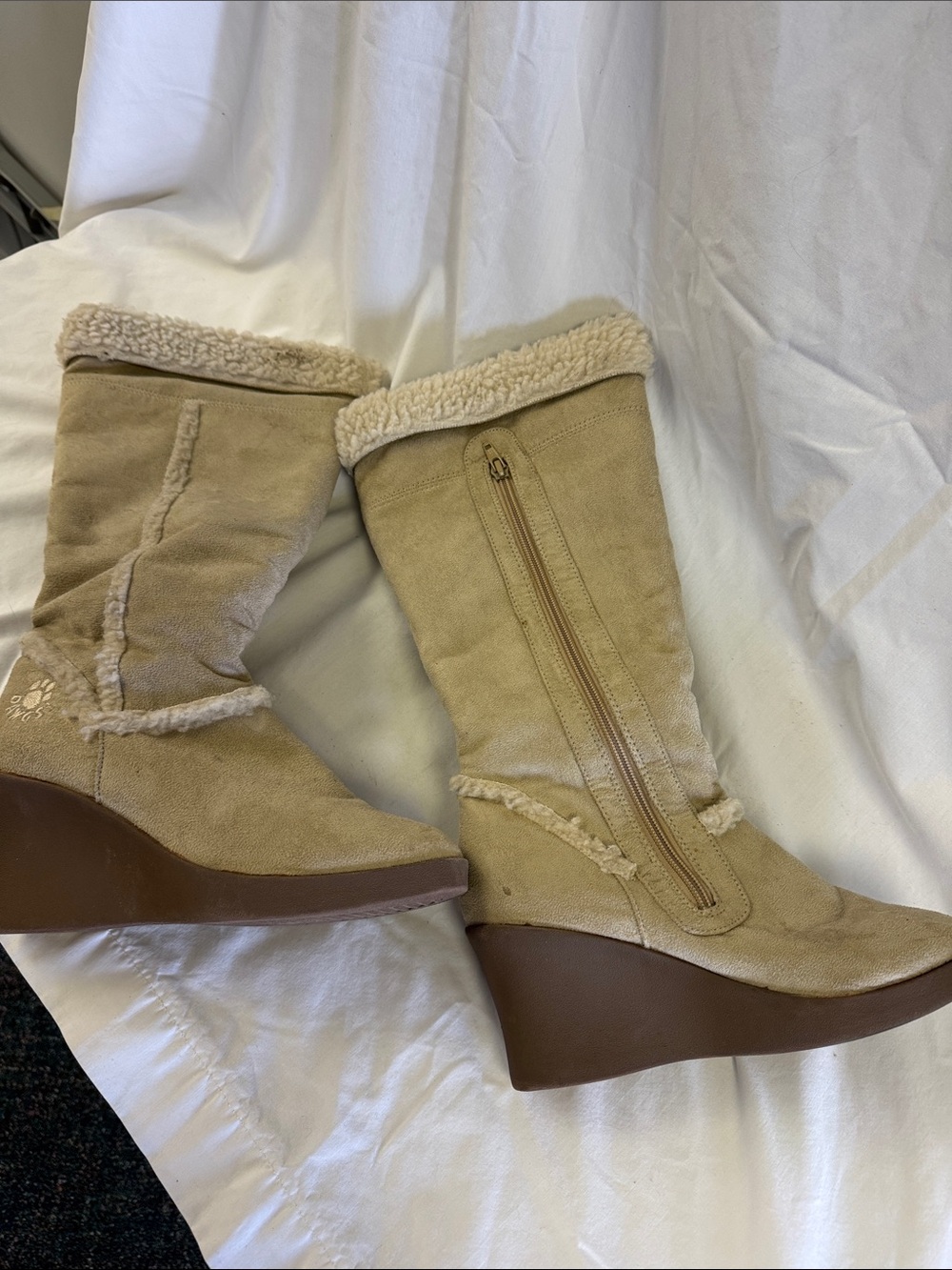 Wedge Winter Boots in Taupe with Shearling Trim